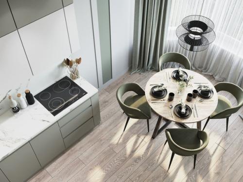 Стильная кухня. Сочетание оттенков зеленого с нейтральными серым и белым благотворно сказывается на нервной системе. 02