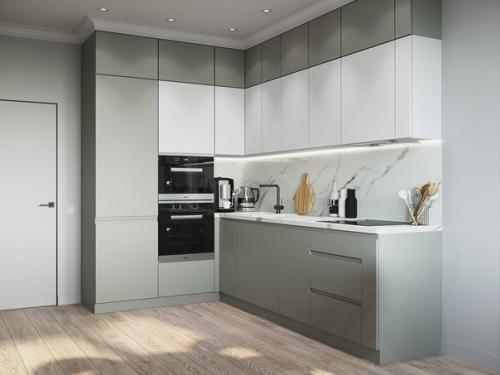 Стильная кухня. Сочетание оттенков зеленого с нейтральными серым и белым благотворно сказывается на нервной системе. 03