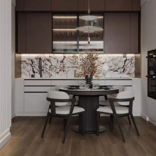 За счет разных фактур и материалов, интерьер этой кухни - гостиной выглядит максимально оригинально и нестандартно. 07