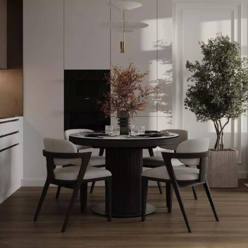 За счет разных фактур и материалов, интерьер этой кухни - гостиной выглядит максимально оригинально и нестандартно. 02