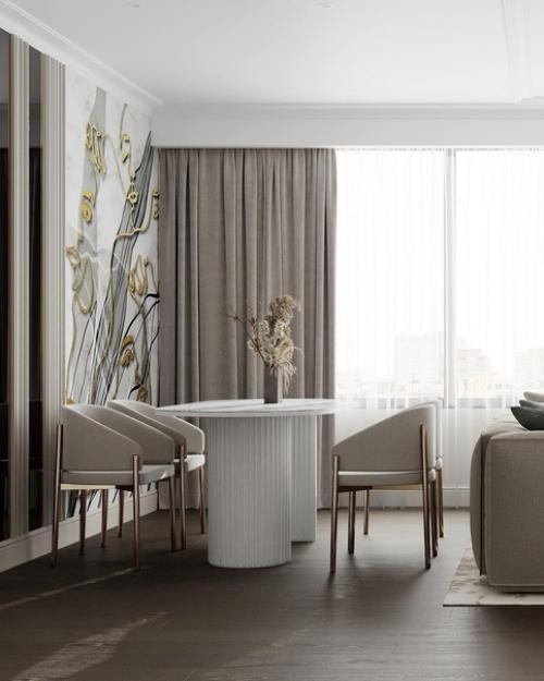 Кухня - гостиная в светлых тонах.