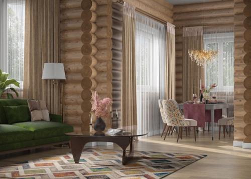 Гостиная в доме из оцилиндрованного бревна. 01