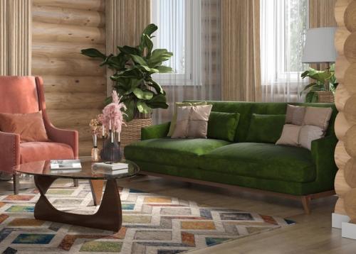 Гостиная в доме из оцилиндрованного бревна.