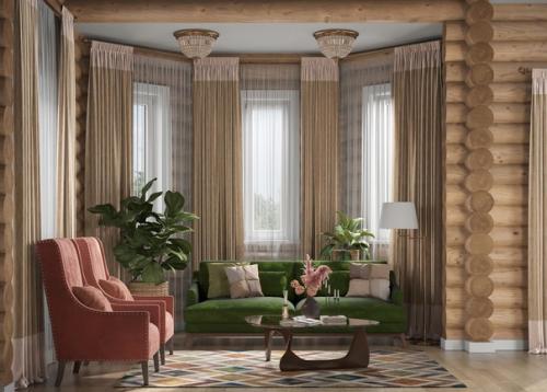 Гостиная в доме из оцилиндрованного бревна. 02