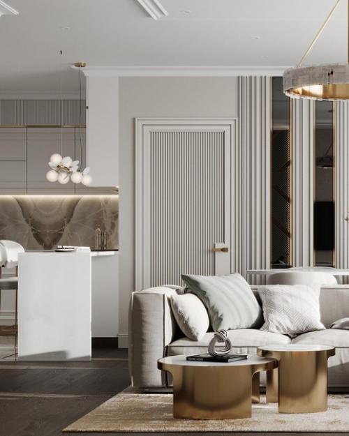 Кухня - гостиная в светлых тонах. 07