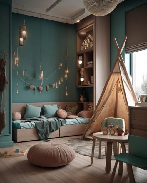 Детская комната, выполненная в синем цветовом решении и оформленная в стиле Vray, удивит вас своей красотой и уютом. 01