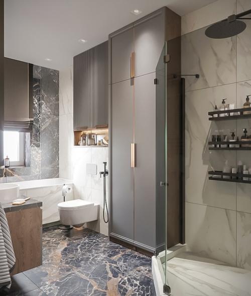 Стильная современная ванна в загородном доме.