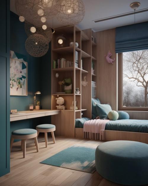 Детская комната, выполненная в синем цветовом решении и оформленная в стиле Vray, удивит вас своей красотой и уютом. 02