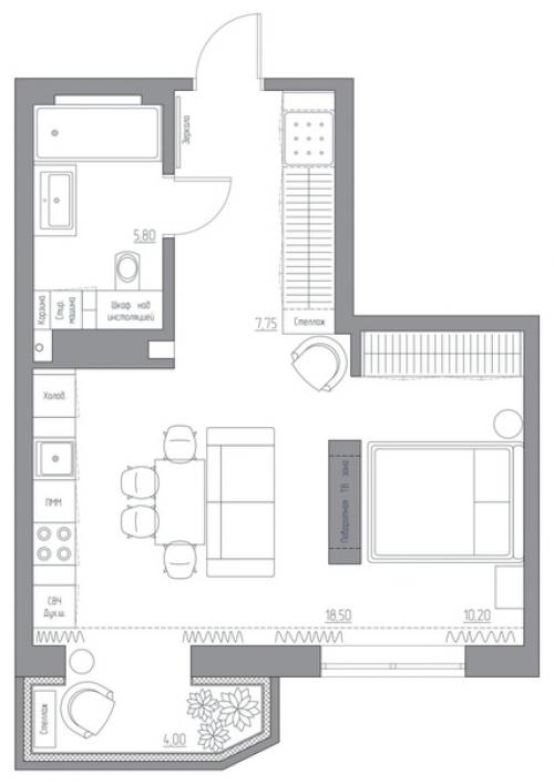 Студия с межкомнатной перегородкой с поворотным тв. 09