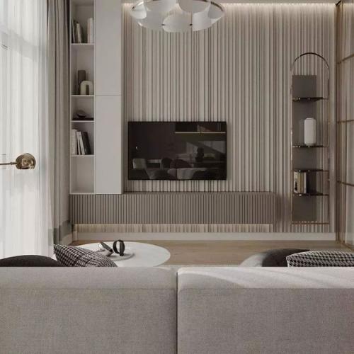 Бежевый цвет в сочетании с белым создают гармоничный дуэт в интерьере этой кухни - гостиной. 02