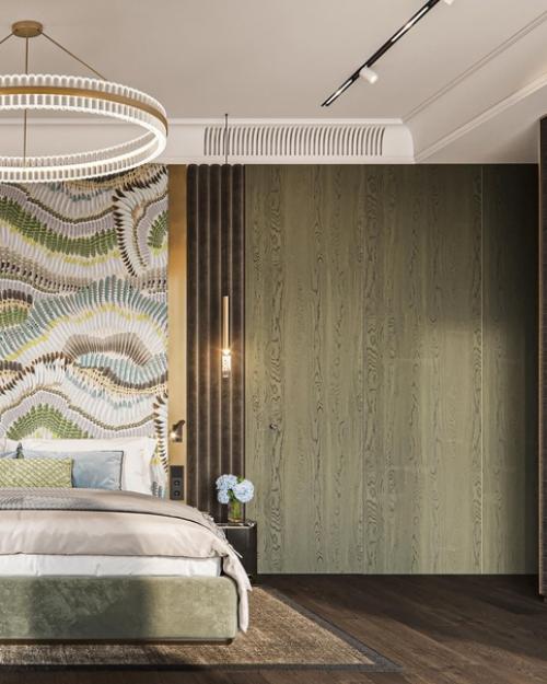 Интерьер мастер - спальни, которая имеет личную гардеробную и ванную комнаты. 03