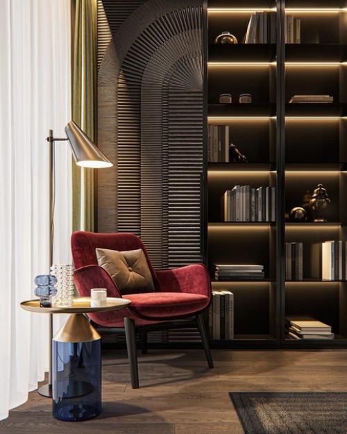 Интерьер мастер - спальни, которая имеет личную гардеробную и ванную комнаты. 01