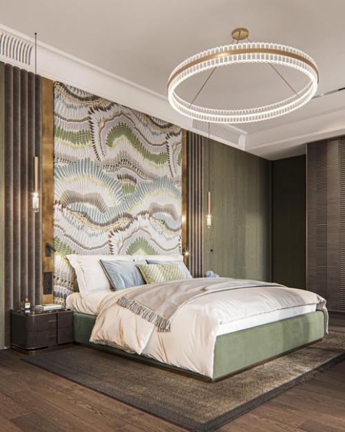 Интерьер мастер - спальни, которая имеет личную гардеробную и ванную комнаты.