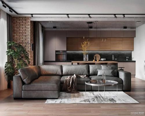Кухня - гостиная с использование в интерьере арт - бетона, дерева и кирпича золотисто - коричневого цвета. 01