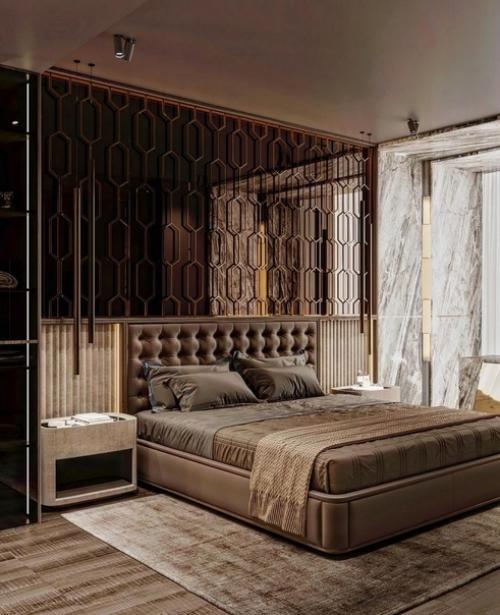 Роскошная спальня из проекта квартиры для молодого мужчины.