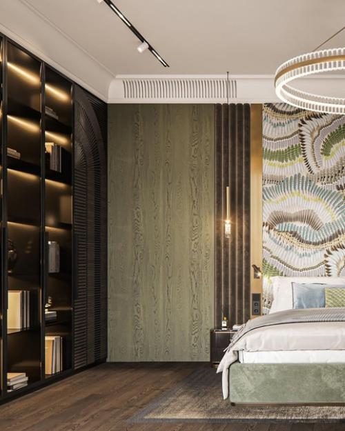 Интерьер мастер - спальни, которая имеет личную гардеробную и ванную комнаты. 02