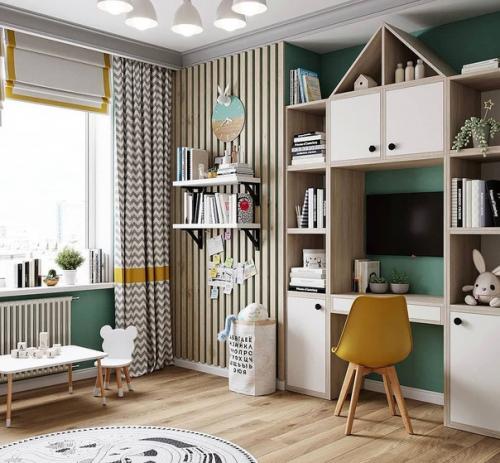 Яркая, но не стандартная детская - охристный жёлтый и изумрудный цвет зеленки. 02