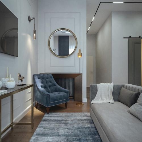 Кухня - гостиная в неоклассическом стиле.