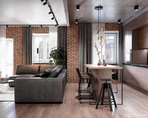 Кухня - гостиная с использование в интерьере арт - бетона, дерева и кирпича золотисто - коричневого цвета. 03