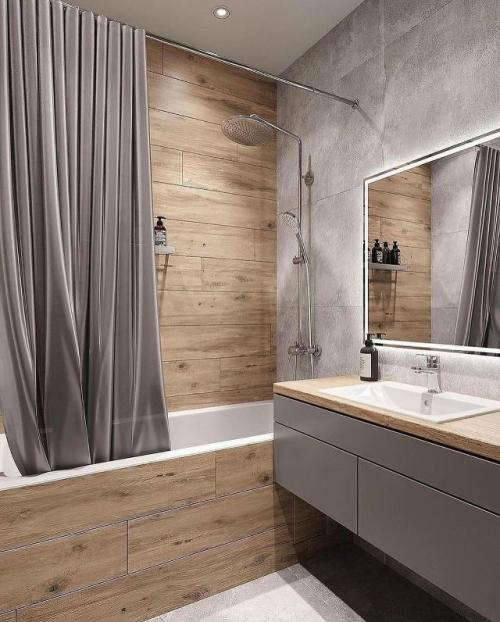 Современная ванная комната, выполненная в спокойной и уютной цветовой гамме, сочетает в себе функциональность и продуманный дизайн. 02