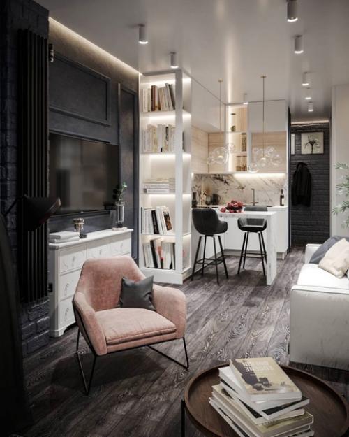 Интерьер студии в классическом сочетании черного и белого, площадью - 25 кв.