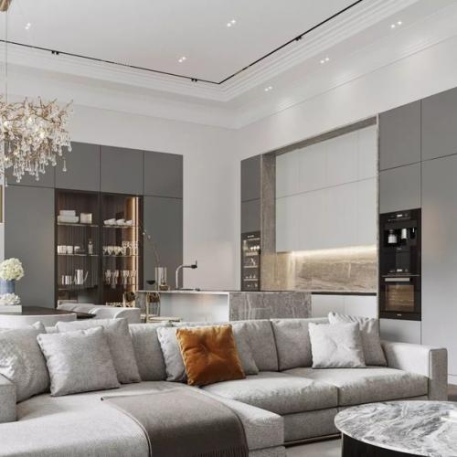 Интерьер большой кухни - гостиной в современной классике. 02