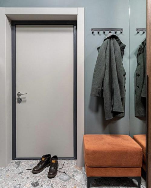 Интерьер в серо - бежевой гамме, с добавлением голубых и сине-зеленых оттенков в качестве акцентов. 08