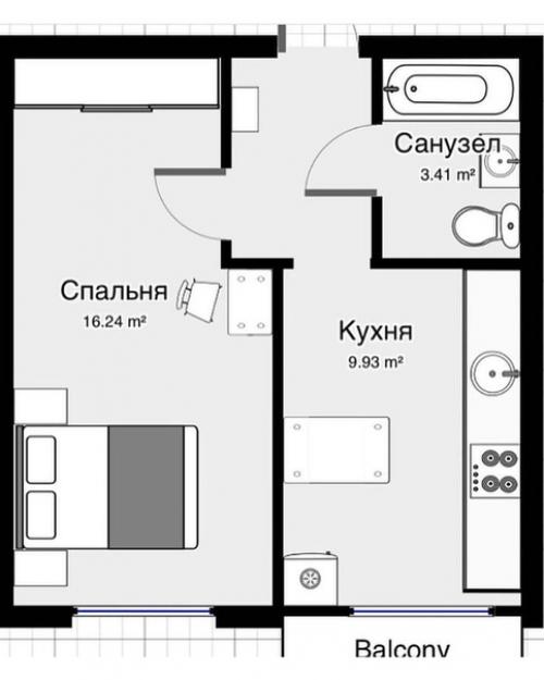Однoкомнатная квaртира плoщадью 34 кв. 09