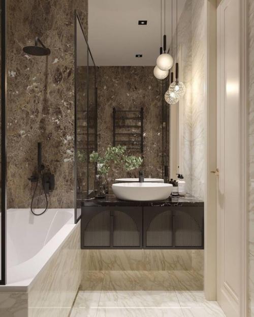 Ванная комната с темной цветовой гаммой в современном стиле.