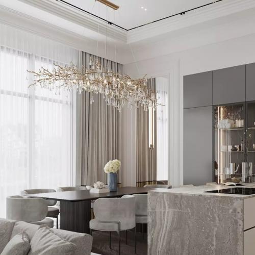 Интерьер большой кухни - гостиной в современной классике. 01