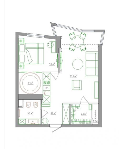 Однокомнатная квартира с ванной в спальне. 08