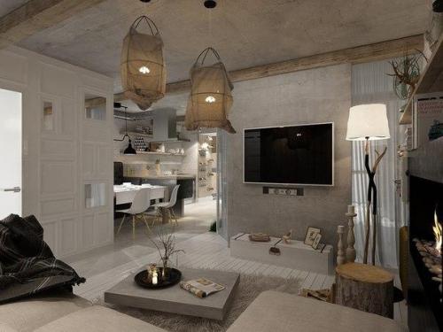 Интеpьер кваpтиры с откpытыми киpпичными стeнами (55 кв. 04