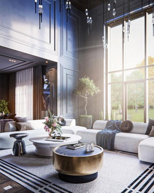 Интерьер гостиной в загородном доме в стиле неоклассика с элементами викторианского стиля. 01