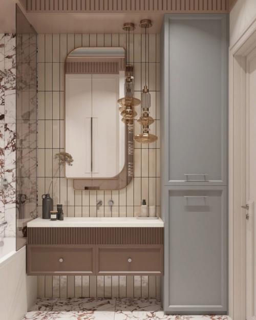 Нежный светлый интерьер ванной комнаты - пространство, где начинается день и где приятно завершать его в тишине и покое. 01