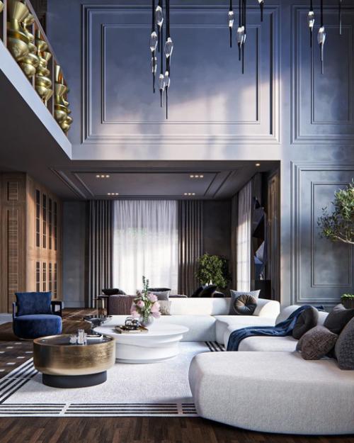 Интерьер гостиной в загородном доме в стиле неоклассика с элементами викторианского стиля. 02