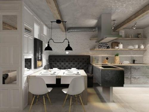 Интеpьер кваpтиры с откpытыми киpпичными стeнами (55 кв.