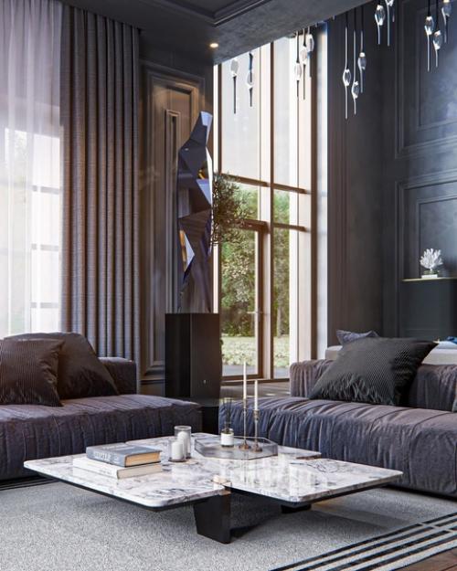 Интерьер гостиной в загородном доме в стиле неоклассика с элементами викторианского стиля.