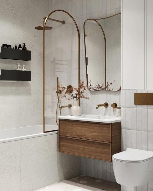 Проект этой ванной комнаты - настоящий пример баланса текстур и оттенков. 01