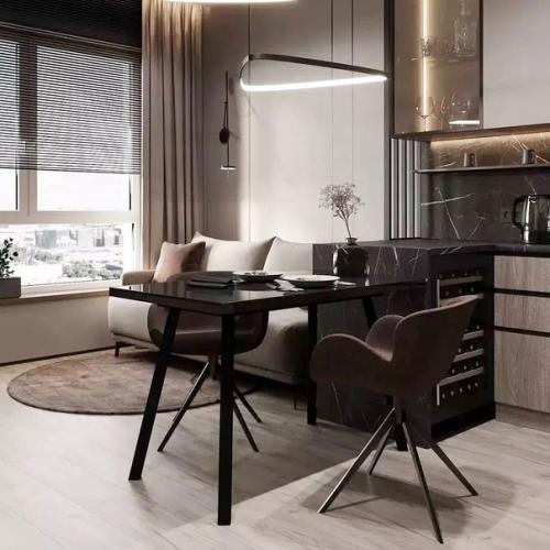 Смелое решение для тех, кто предпочитает темные краски и необычный декор: сочетать коричневый цвет с черным мрамором. 02