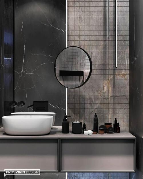 Дизайн санузла в темных оттенках сморится очень стильно и смело. 06