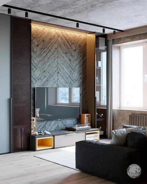 Брутальный интерьер кухни - гостиной для семейной пары. 05