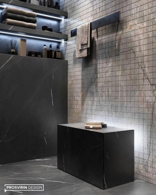 Дизайн санузла в темных оттенках сморится очень стильно и смело. 03