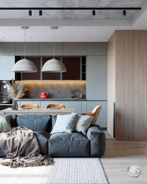 Брутальный интерьер кухни - гостиной для семейной пары. 02