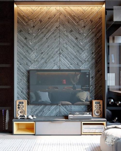 Брутальный интерьер кухни - гостиной для семейной пары. 09