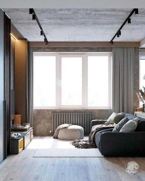 Брутальный интерьер кухни - гостиной для семейной пары. 07