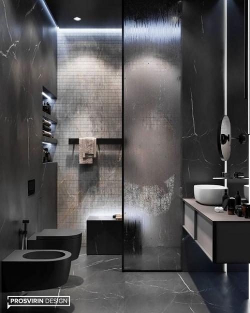 Дизайн санузла в темных оттенках сморится очень стильно и смело. 08
