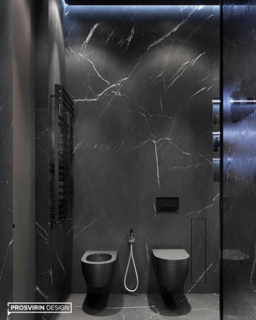 Дизайн санузла в темных оттенках сморится очень стильно и смело. 07