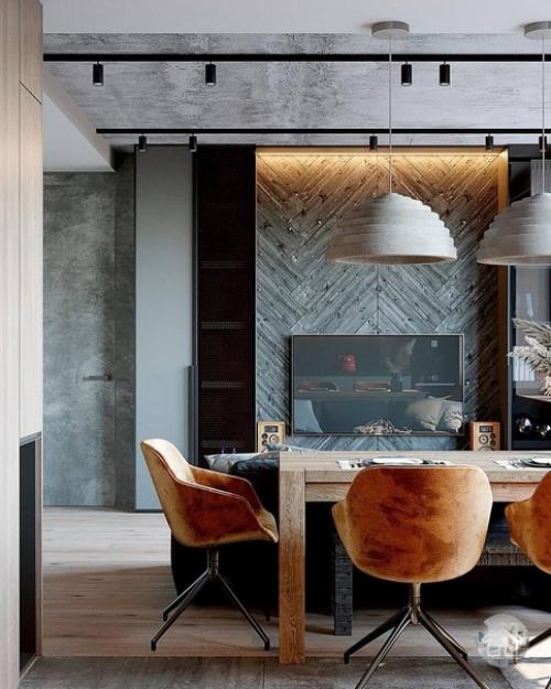 Брутальный интерьер кухни - гостиной для семейной пары. 04