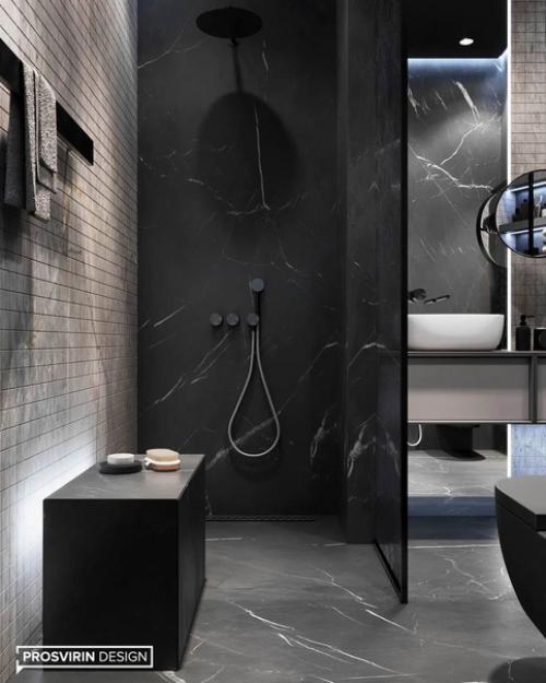 Дизайн санузла в темных оттенках сморится очень стильно и смело. 02