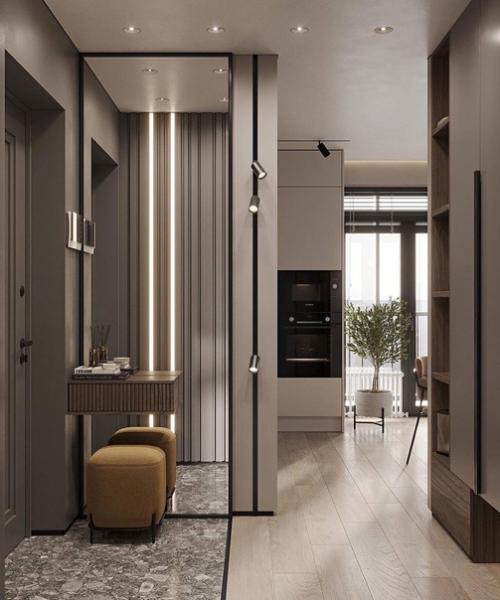 Интерьер прихожей. Выполнен в приятном серо-коричневом оттенке. 04